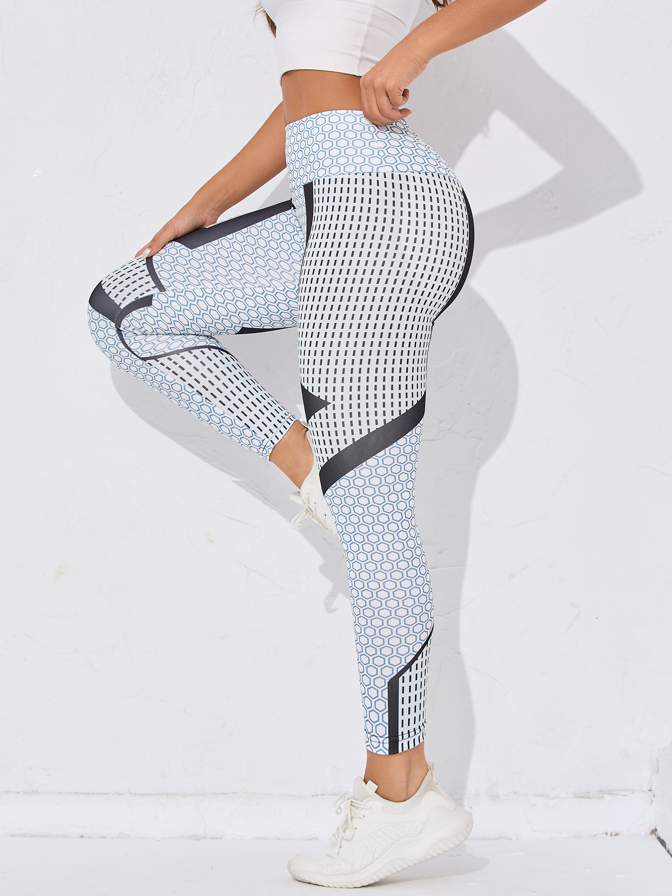 Womens High Waist Geometric Print Workout Leggings with Honeycomb Pattern